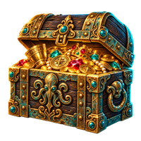 Open pirate treasure chest filled with gold