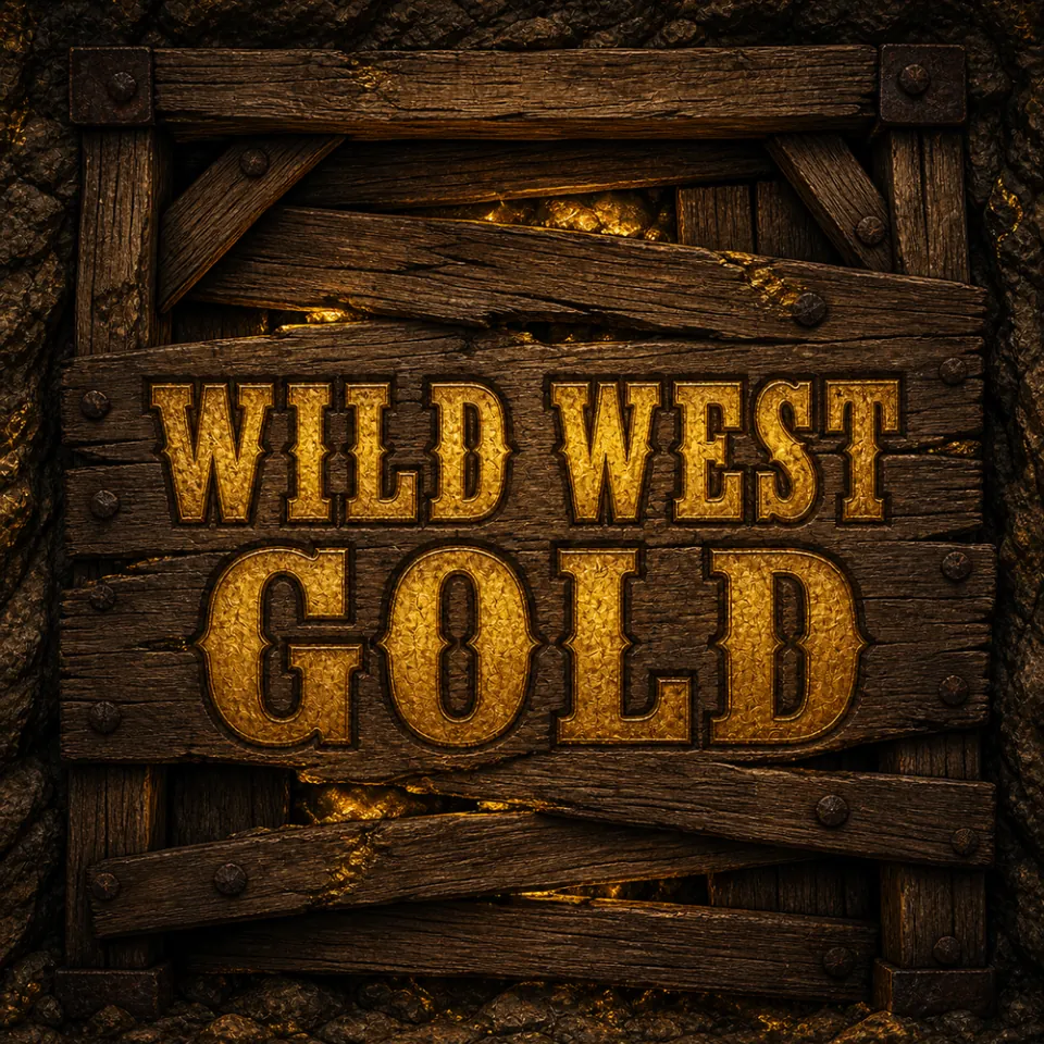 Wild West Gold title on timber boards sealing a mine, with gold glowing through the gaps
