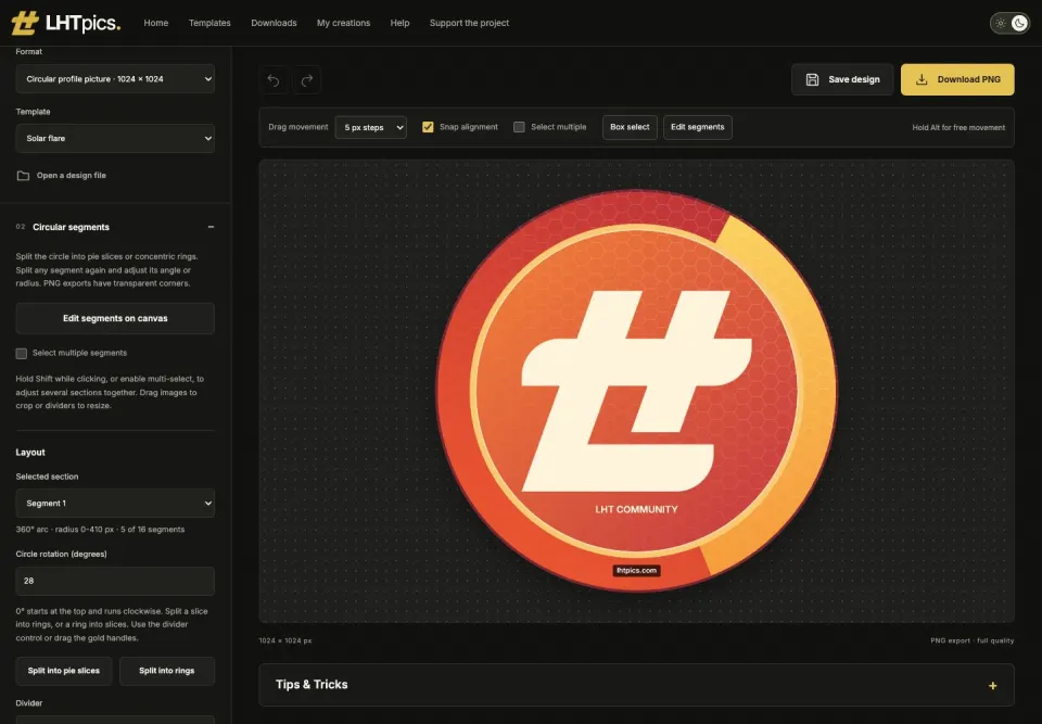 LHTpics editor showing the Solar flare circular profile template, segment controls and buttons to save the design or download a PNG.
