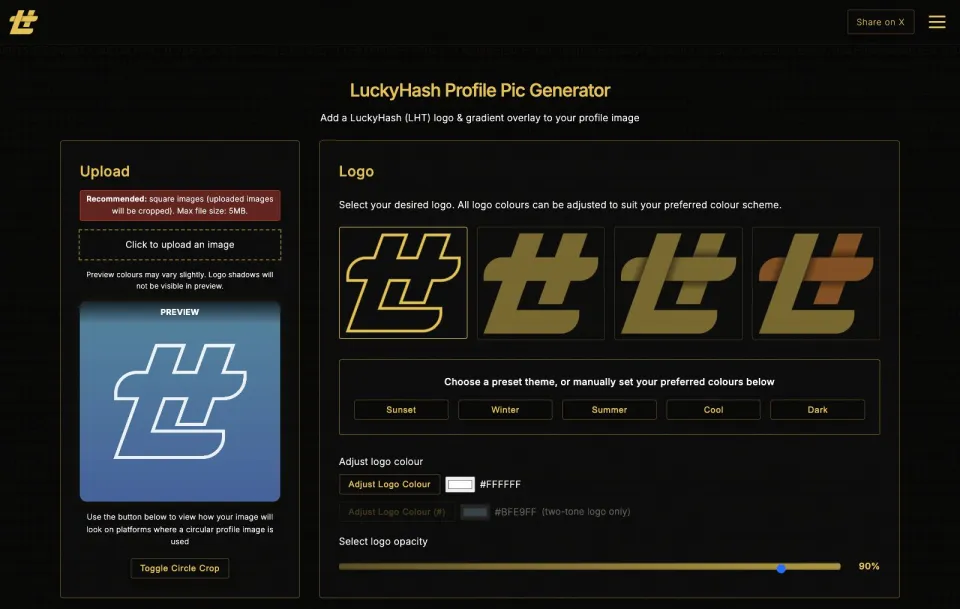 LuckyHash Profile Pic Generator showing a blue logo preview, four logo styles, colour presets and a logo opacity slider.